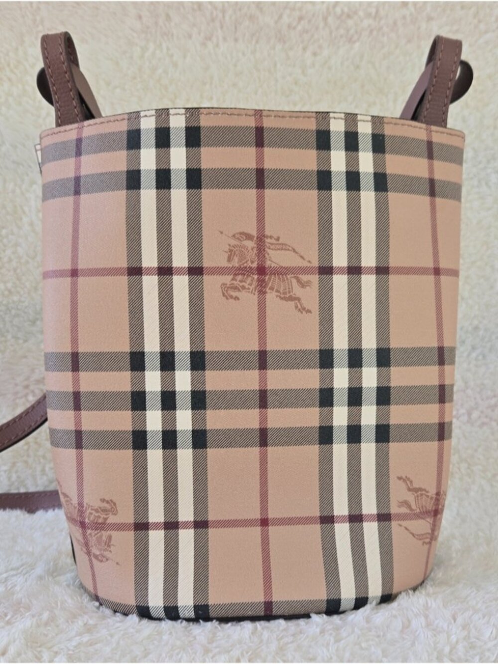 Burberry Haymarket Check Lorne Bucket Crossbody- Light Elderberry - Picture 3 of 11